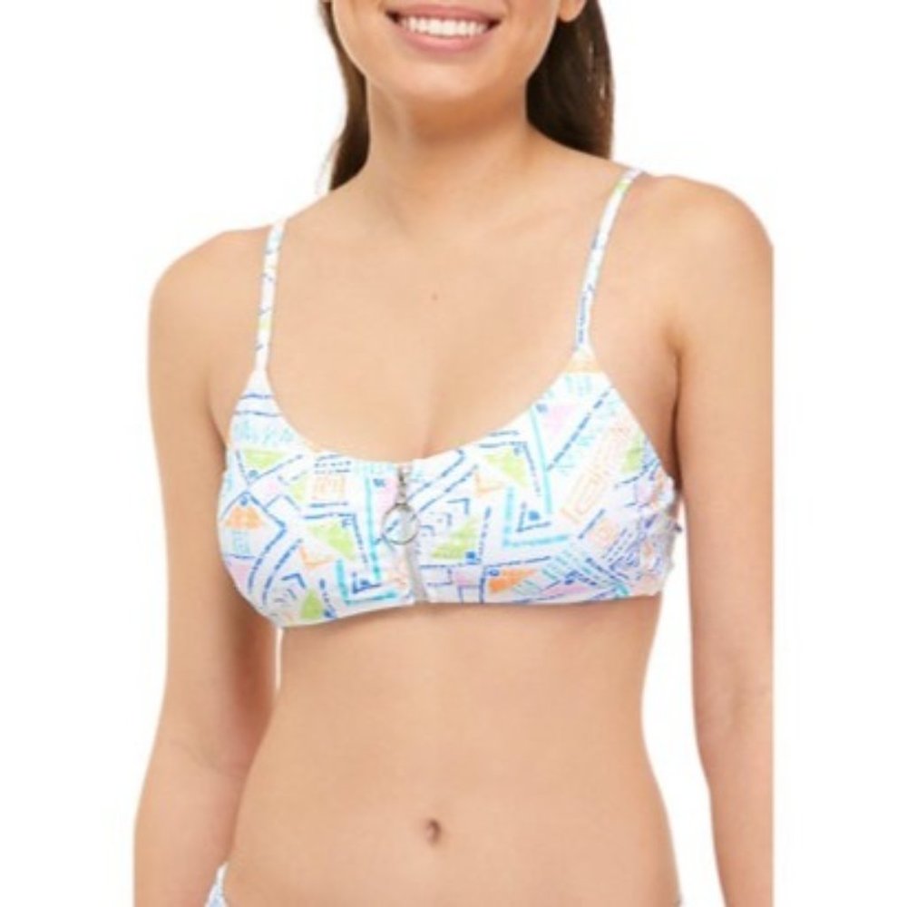 Crown Ivy Cabana Printed Bandeau Bikini Swim Top White Geo Zip Front size XL